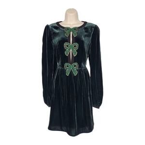 Saloni Camille Velvet Embellished Bow Mini Dress Forest Emerald Bow Size 8 New